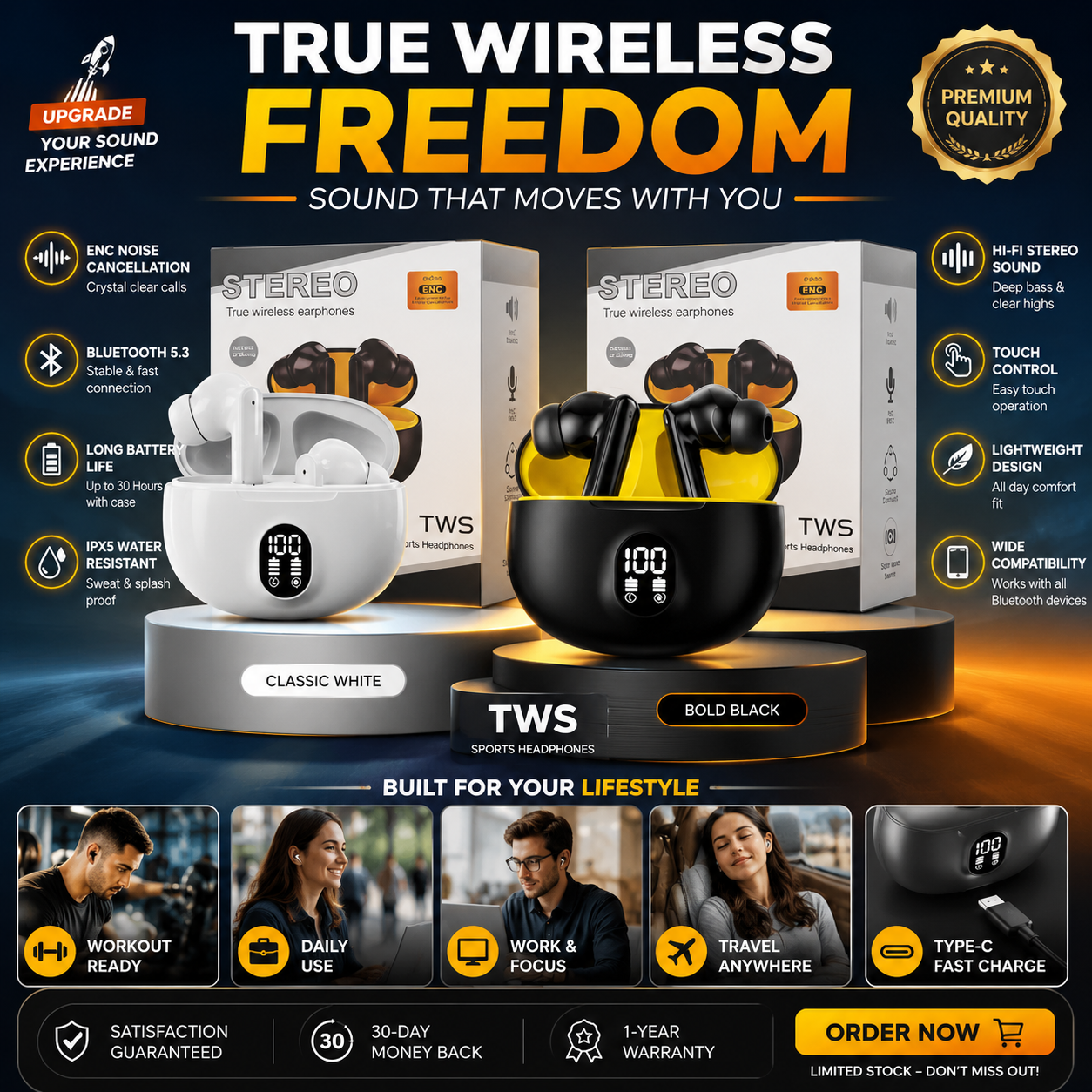 Crystal clear wireless Earbuds with noise cancellation & 24Hr case