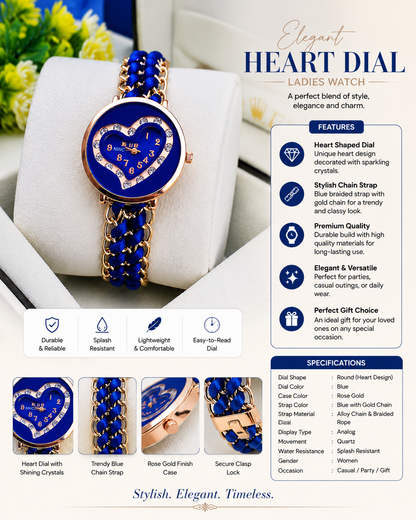 Women's blue heart dial watch - chain strap
