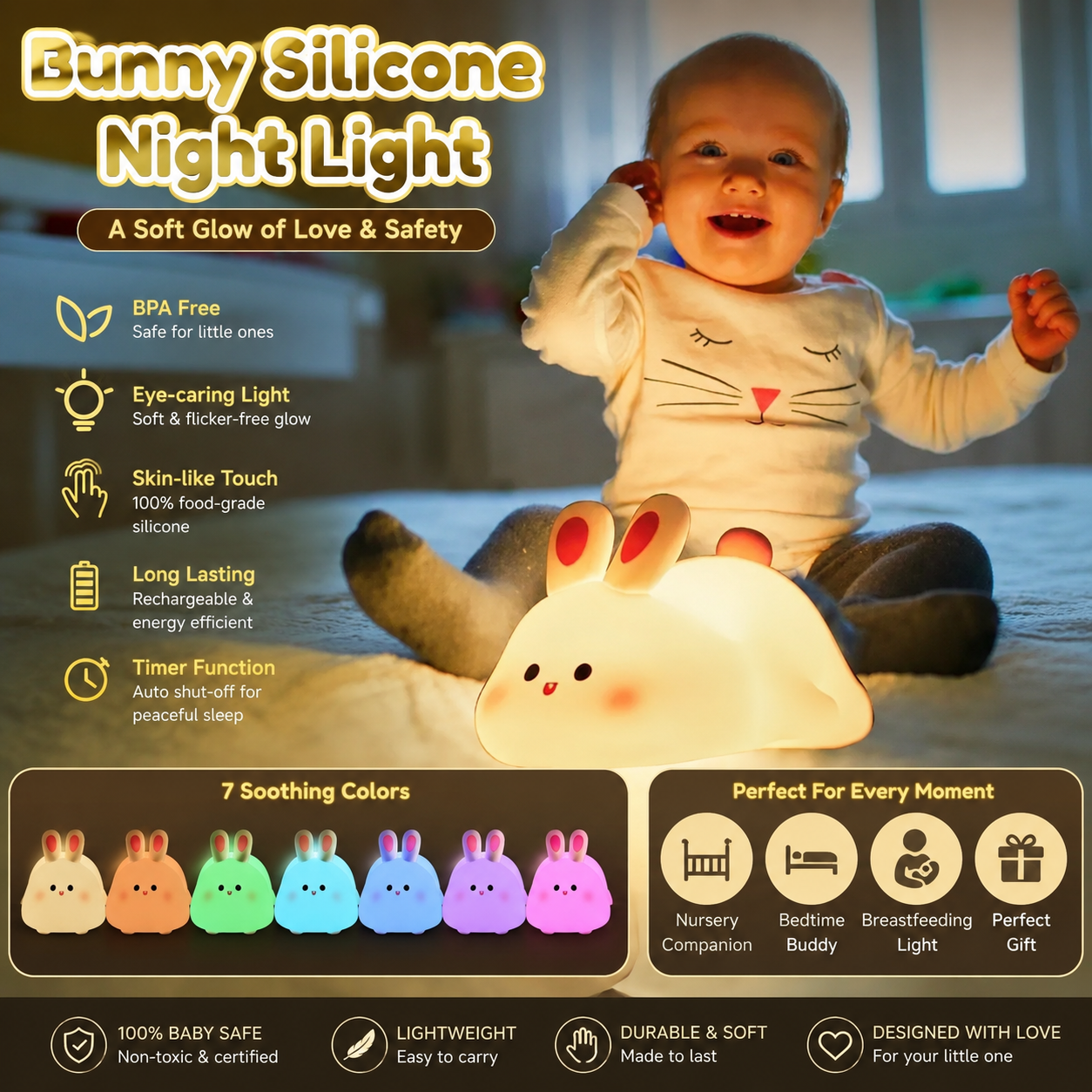 Rechargeable Bunny Night Light - Comfortable and reliable toy for kids