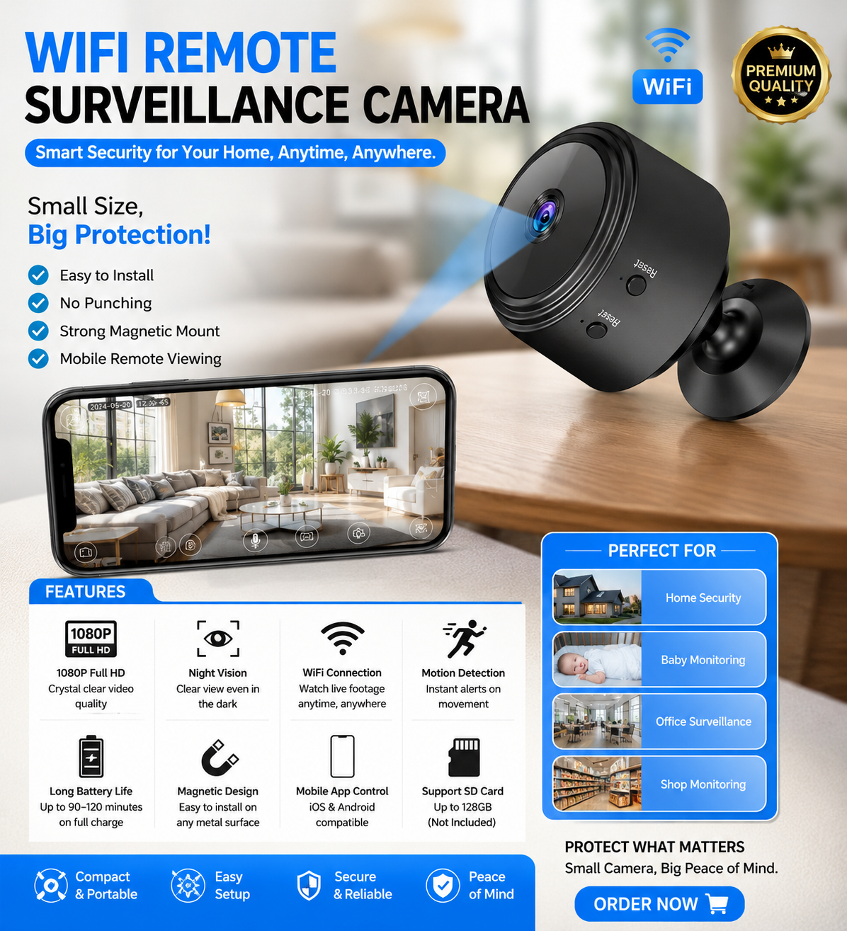 WiFi Remote Surveillance Camera Black ABS light wieght