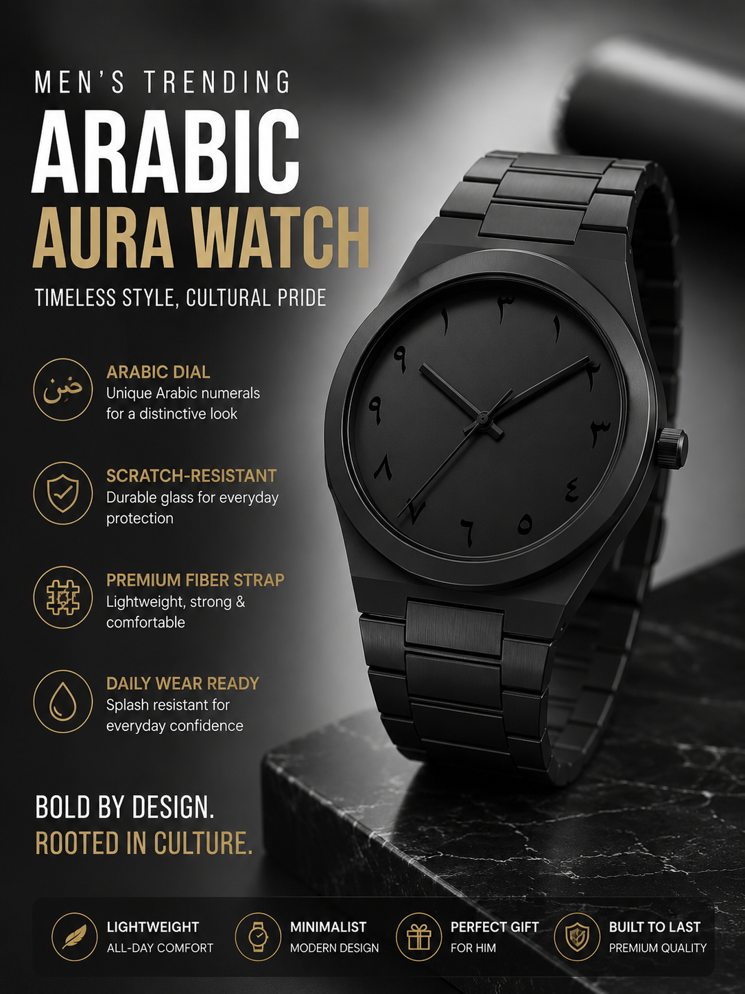 Men's Black Arabic dial aura watch with fiber straps