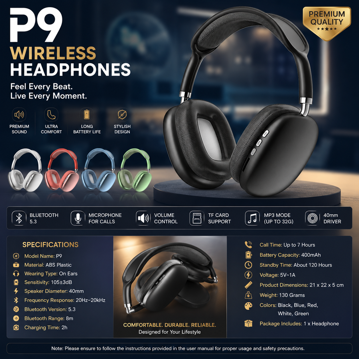 P9 wireless headphones Bluetooth 5.3RGB - In different colours